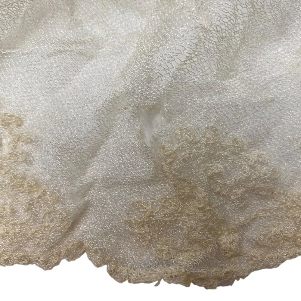 Antique Ivory Lace Christening Gauze Veil‎ Mantilla Floral Embroidery Beaded Cap